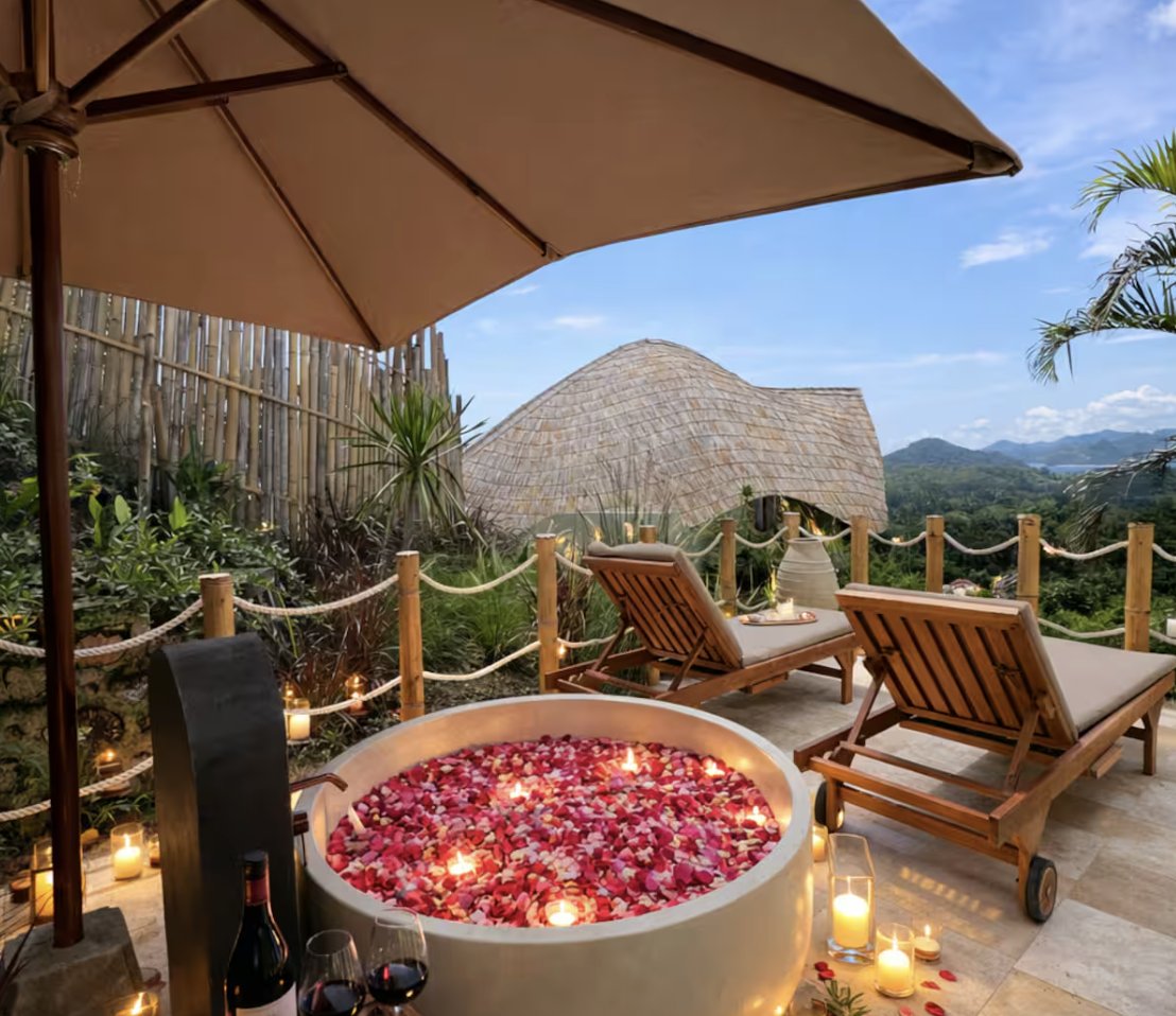 Romantic flower bath at sunset
